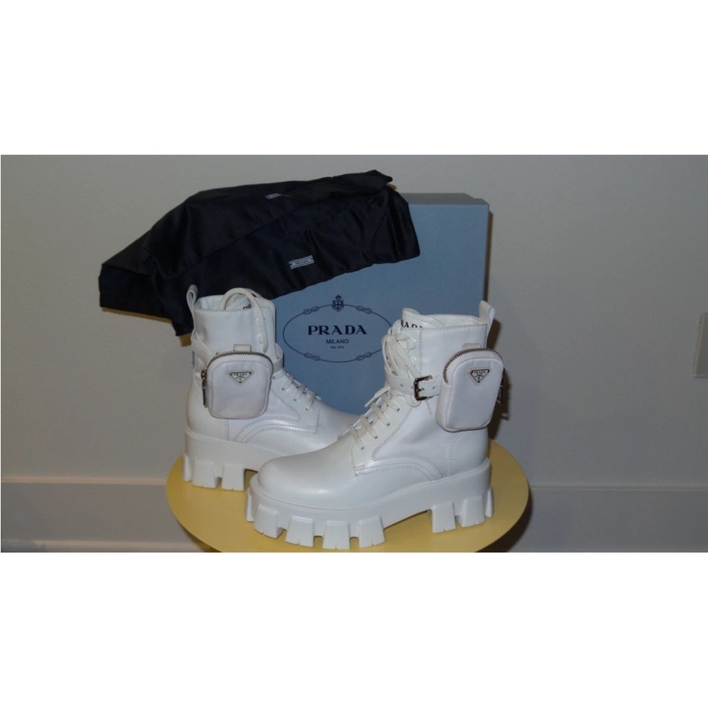PRADA MONOLITH WHITE LEATHER BIKER BOOTS - Picture 12 of 12